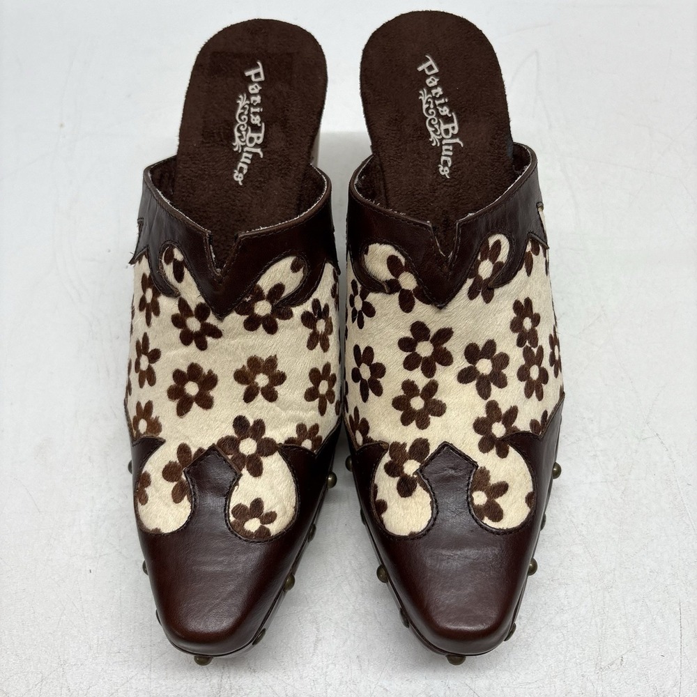 VTG Paris Blues Size 6.5 Brown White Cow Daisy Print Freda Wooden Platform Clogs - Picture 4 of 11